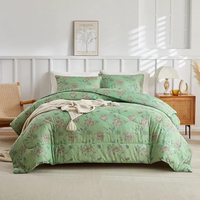 First-Class VM VOUGEMARKET Green Floral Bedding Twin XL Comforter Sets Soft Microfiber Vintage Garden Flower Bedding Comforter Set 1 Comforter amp 2 Pillowcases Chic Botanical Comforter Set for Girls User-Friendly