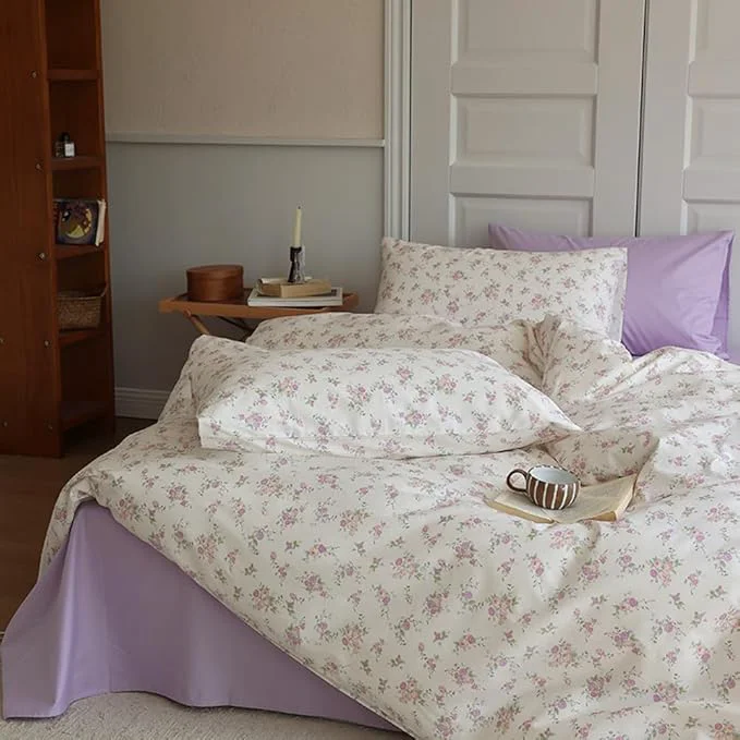 Smooth VM VOUGEMARKET Twin Comforter Set Lavender Pink Flower Bedding Comforter with 2 Pillowcases All Season Use Bright amp Lightweight Cottagecore Comforter Set for Teen Girls 68 quot x90 quot Casual