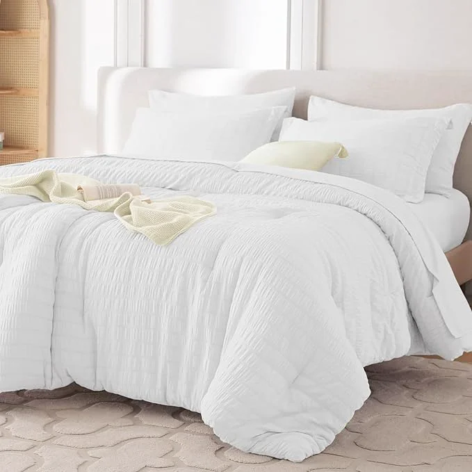Fast MUXHOMO 7 Pieces Queen Comforter Set Seersucker Bed in a Bag Queen Size All Season Luxury Bedding Set with Comforter Flat Sheet Fitted Sheet Pillowcases amp Shams White Classic