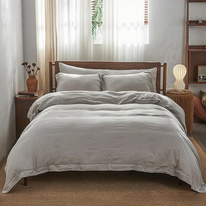 Exclusive Simple amp Opulence Washed Linen Duvet Cover with Embroidered 3 Pieces Soft Farmhouse Comforter Set with Button Closure 1 Duvet Cover and 2 Pillowshams Full Light Grey Comfortable