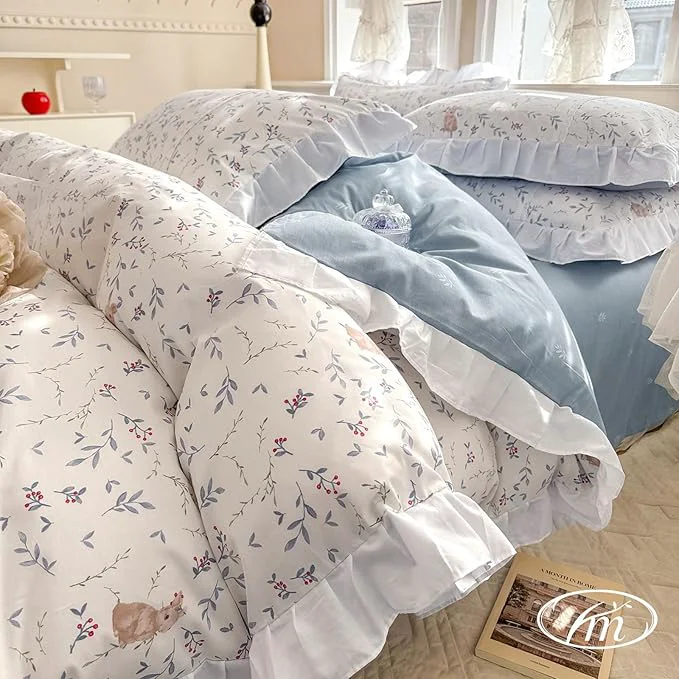 Stylish VM VOUGEMARKET Queen Comforter Set White Blue Girls Romantic Ruffle Comforter with 2 Pillow Shams Vintage Cozy Bed Comforter Set for All Seasons Queen Rabbit Breathable