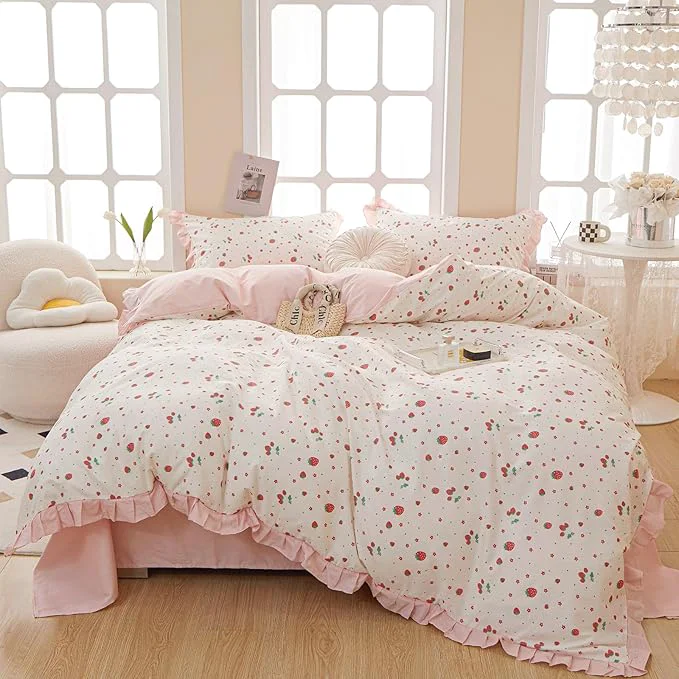Outstanding VM VOUGEMARKET Full Comforter Set-Cute Strawberry Fruit Comforter Reversible Pink Stripes Bedding Comforter Sets 3 Pieces 1 Soft Romantic Ruffle Comforter with 2 Pillow Shams-79 x90 Elegant