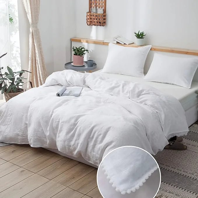 Practical Simple amp Opulence Washed Linen Duvet Cover with Pom Pom Trim Natural French Flax Bedding Set Soft Breathable 1 Farmhouse Boho Comforter Cover and 2 Pillow Shams Queen Pure White Easy-to-Use