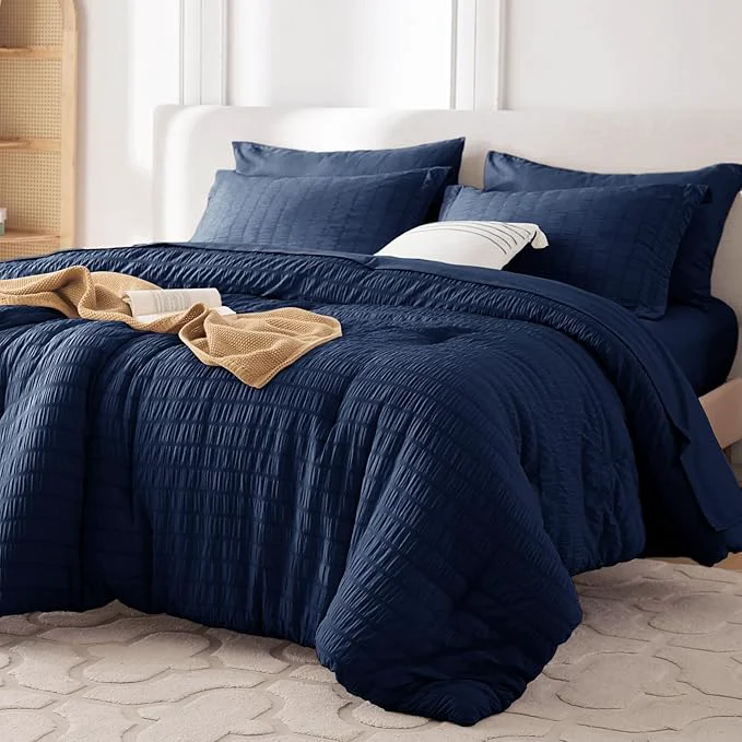 Smooth MUXHOMO 7 Pieces King Comforter Set Seersucker Bed in a Bag King Size All Season Luxury Bedding Set with Comforter Flat Sheet Fitted Sheet Pillowcases amp Shams Navy Blue Next-Generation