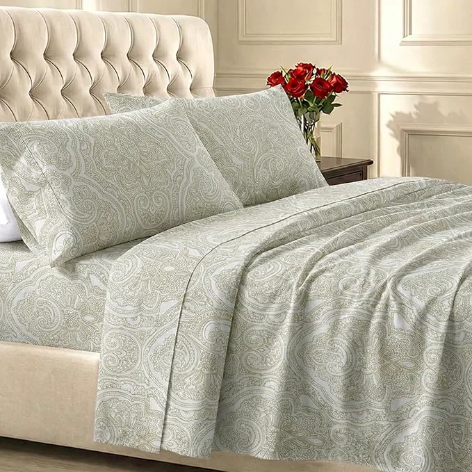 Fast California Design Den Full Size Bed Sheets Set – 400 Thread Count Sateen Natural Cotton Sheets Deep Pocket and Durable Bedding – Paisley Pattern Beige Elite