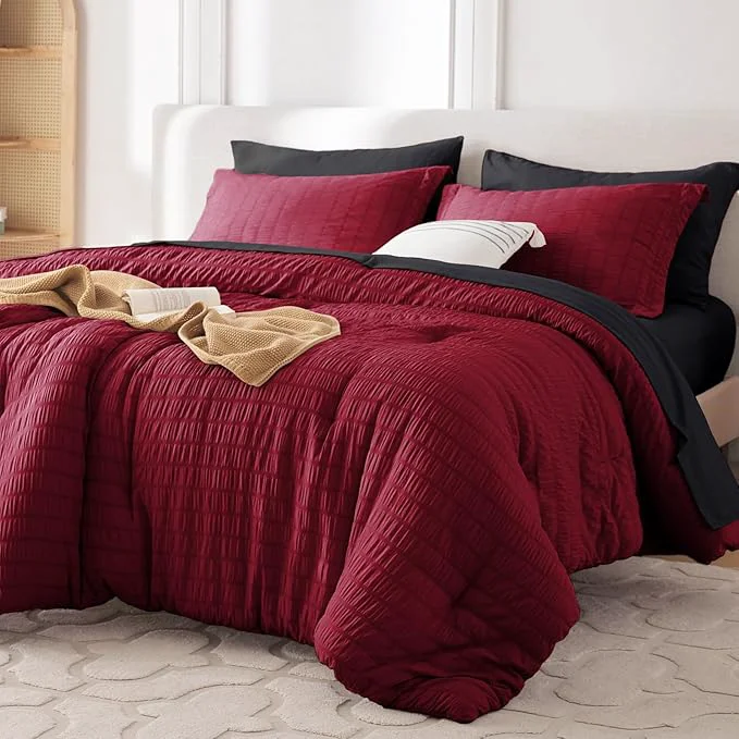MUXHOMO 5 Pieces Twin Comforter Set Seersucker Bed in a Bag Twin Size All Season Luxury Bedding Set with Comforter Flat Sheet Fitted Sheet Pillowcase amp Sham Red amp Black High-Performance