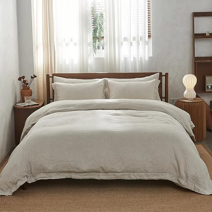 Contemporary Simple amp Opulence Washed Linen Duvet Cover with Embroidered 3 Pieces Soft Farmhouse Comforter Set with Button Closure 1 Duvet Cover and 2 Pillowshams Queen Natural Linen Relaxed