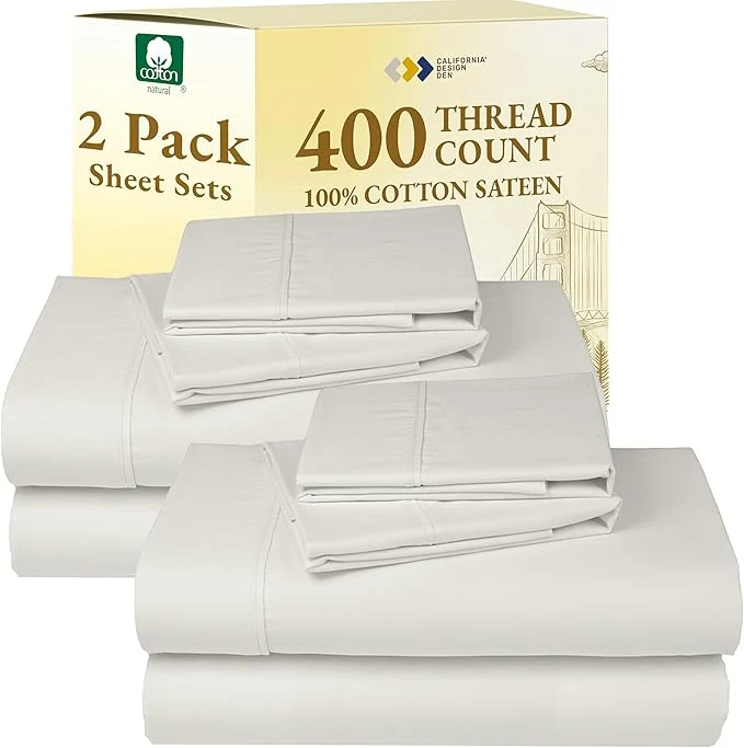 Crafted California Design Den 2-Pack Full Cotton Sateen 400 Thread Count Sheets – Soft and Breathable Sheets 2 Sets of Deep Pocket Bed Sheets – Ivory Pale Tone Practical