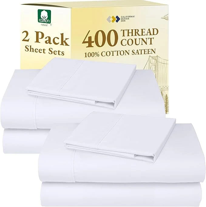 Optimized California Design Den 2-Pack Twin Cotton Sheets Sets – 400 Thread Count Cotton Sateen – Soft and Breathable Sheets 2 Sets of Deep Pocket Bed Sheets – Bright White Official