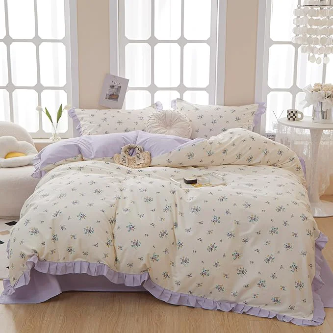 Genuine VM VOUGEMARKET Girl 39 s Floral Comforter Set Full Princess Style Ruffle Bedding Comforter Sets Vintage Farmhouse Purple Flower Comforter with 2 Pillowcases for All Seasons 3pcs Full Effective