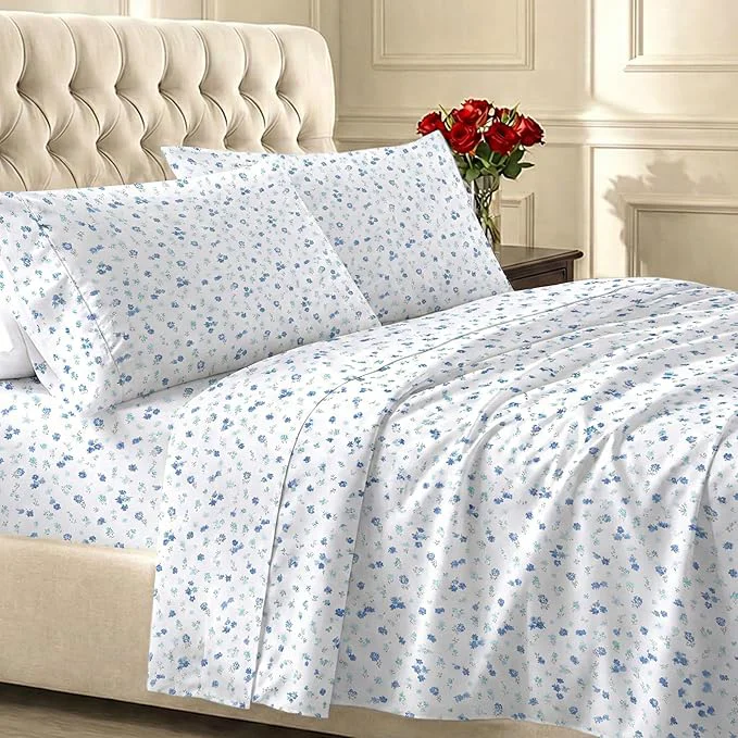 Lightweight California Design Den Floral Printed Queen Sheet Set – 400 Thread Count Soft Sateen Natural Cotton Sheets Deep Pockets and Durable Bedding Set – Blooming Meadows Innovative