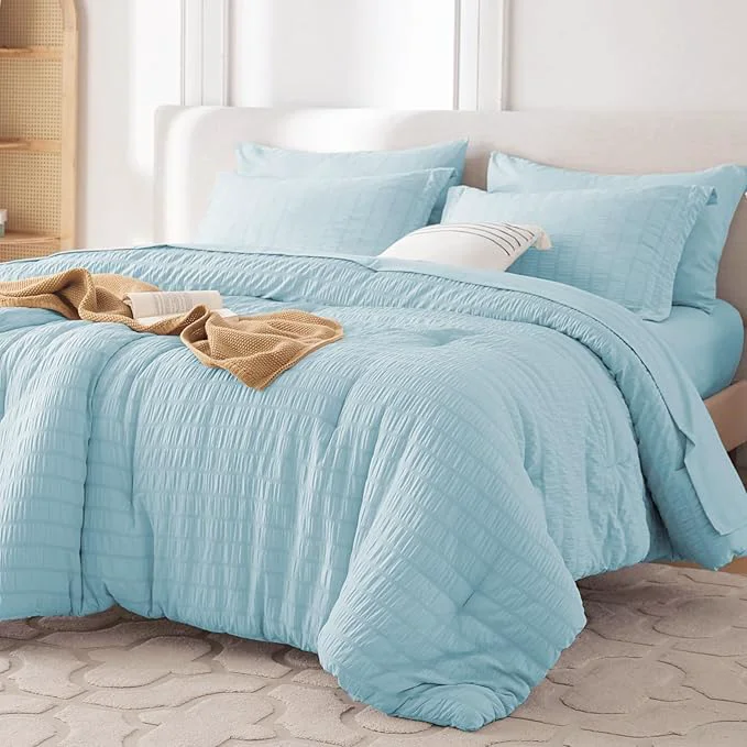 Comfortable MUXHOMO 7 Pieces King Comforter Set Seersucker Bed in a Bag King Size All Season Luxury Bedding Set with Comforter Flat Sheet Fitted Sheet Pillowcases amp Shams Lake Blue Exclusive