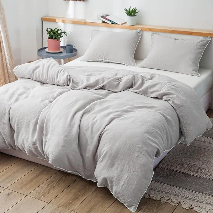 Detailed Simple amp Opulence Washed Linen Duvet Cover with Pom Pom Trim Natural French Flax Bedding Set Soft Breathable 1 Farmhouse Boho Comforter Cover and 2 Pillow Shams King Natural Linen Trusted