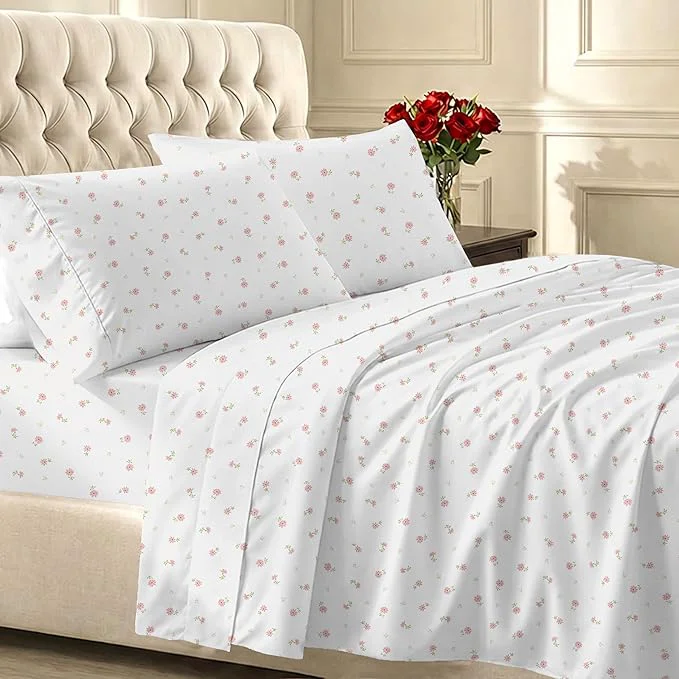 Smooth California Design Den Full Size Bed Sheets Set – 400 Thread Count Sateen Natural Cotton Sheets Deep Pocket and Durable Bedding – Soft Floral Certified