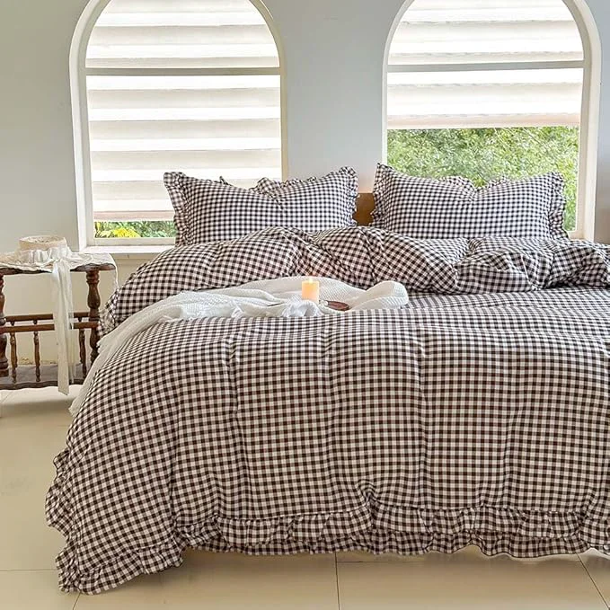 High-Grade NSNLGSGC Mocha Ruffle Gingham Comforter Set Queen Pre-Washed Ruffled Coffee Plaid Checked Comforter Bedding 3 Pieces Vintage Farmhouse Grid Bedding Set Mocha Gingham Queen Original Design