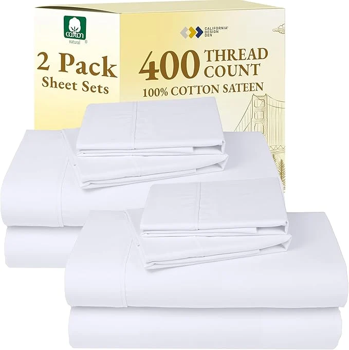 Specialty California Design Den 2-Pack Full Size Sheet Sets – 400 Thread Count Cotton Sateen – Soft and Breathable Sheets 2 Sets of Deep Pocket Bed Sheets – Bright White Pure