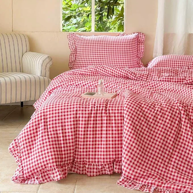 Fine NSNLGSGC Red Ruffle Gingham Comforter Set Queen Pre-Washed Ruffled Plaid Checked Comforter Bedding 3 Pieces Vintage Farmhouse Grid Bedding Set Red Gingham Queen Reliable
