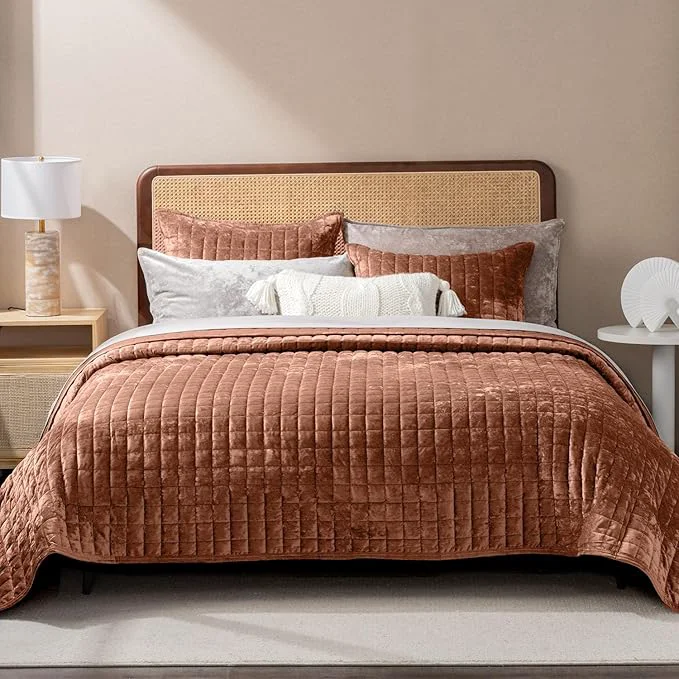 Safe RECYCO Luxury Velvet Quilt Set King Size Bedding Sets Ultra Soft Velvet Comforter Set Lightweight Channel Box Stitch Oversized Bedspread Coverlet for All Season with 2 Shams Terracotta Fawn Reliable