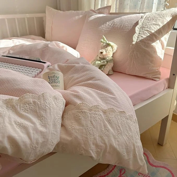 Premium VM VOUGEMARKET Pink Full Comforter Set 3 Pieces Romantic Lace Bedding Set Simple Cozy Plaid Gingham Comforter Quilt for Teen Girls Students Reliable