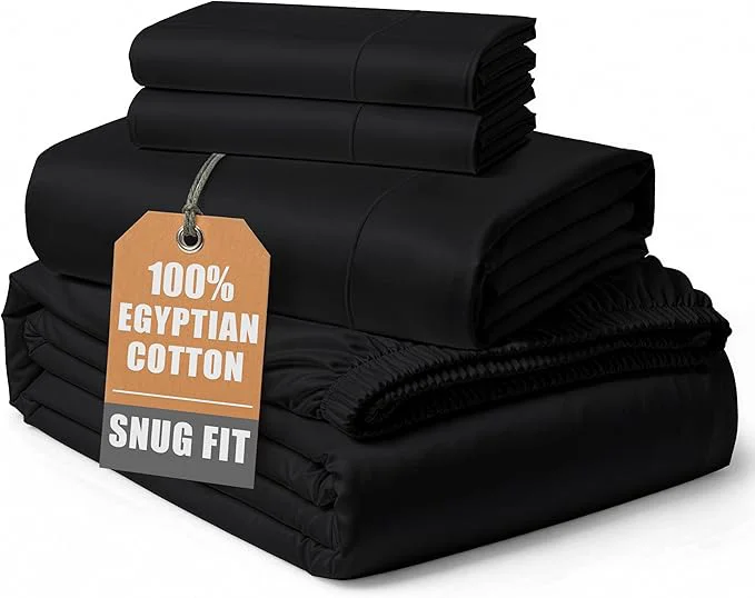 Durable LANE LINEN Egyptian Cotton Sheets Set Full Size Bed Fully Elasticized Reinforced Seams Extra Deep Pocket Full Sheets Set on No Pill Fade Resistant Cooling – Black Artisan
