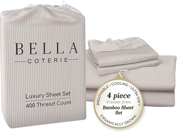 First-Class Bella Coterie Luxury Bamboo Viscose Queen Size Sheet Set Organically Grown Ultra Soft Cooling for Hot Sleepers 18 quot Deep Pocket Striped Dune Dependable