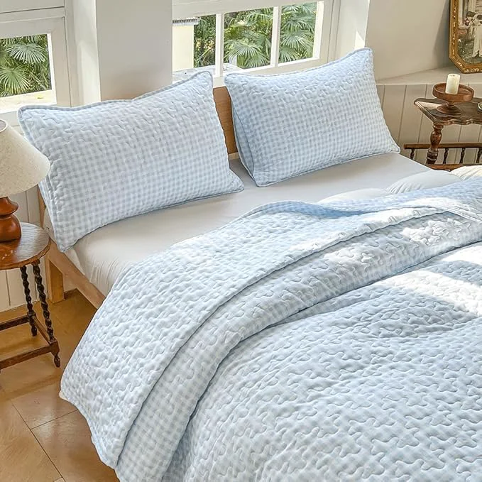 NSNLGSGC Light Blue Gingham Twin Quilt Set Soft Pre-Washed Microfiber Blue Plaid Twin Bedspread Lightweight Checked Summer Quilt Grid Bedding Coverlets for All Seasons Flexible