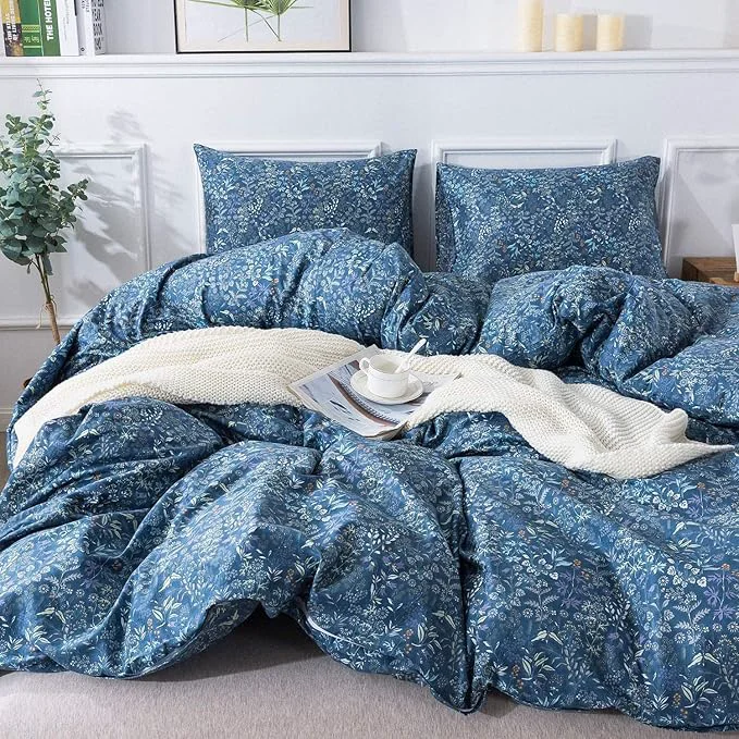 User-Friendly VM VOUGEMARKET Blue Comforter Queen Elegant Flower Botanical Bedding Set Soft Lightweight Microfiber Floral Comforter Set for All Season 1 Comforter 2 Pillowcases Premium