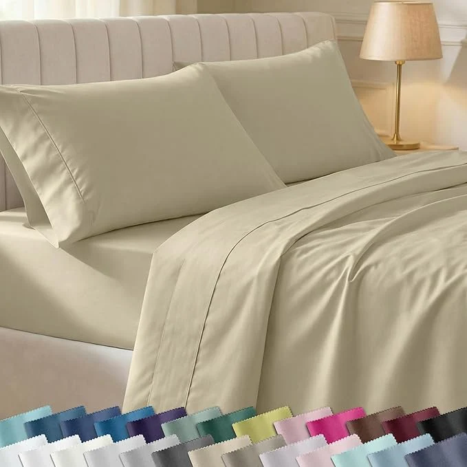 Proven California Design Den King Size Sheets Set – Soft 400 Thread Count Sateen Natural Cotton Sheets with Deep Pockets Breathable and Durable Bedding Set – Beige Golden Tone Authentic