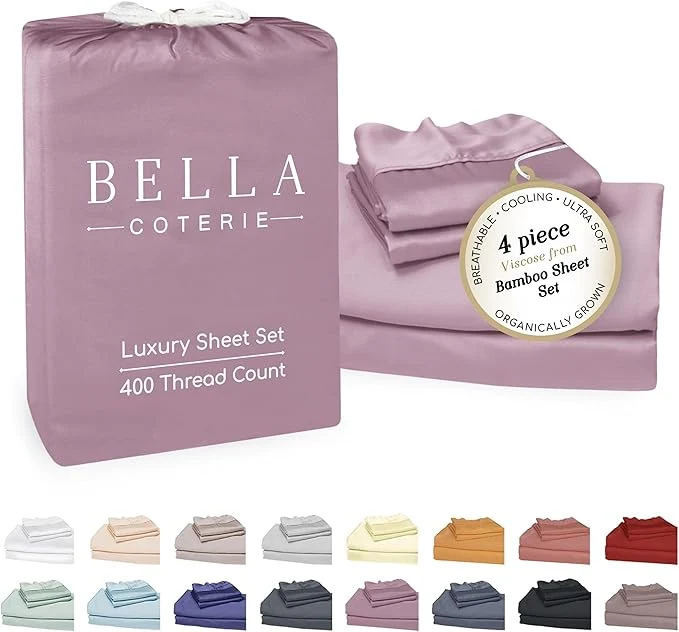 Bella Coterie Luxury Bamboo Viscose Queen Size Sheet Set Organically Grown Ultra Soft Cooling for Hot Sleepers 18 quot Deep Pocket Lilac Secure