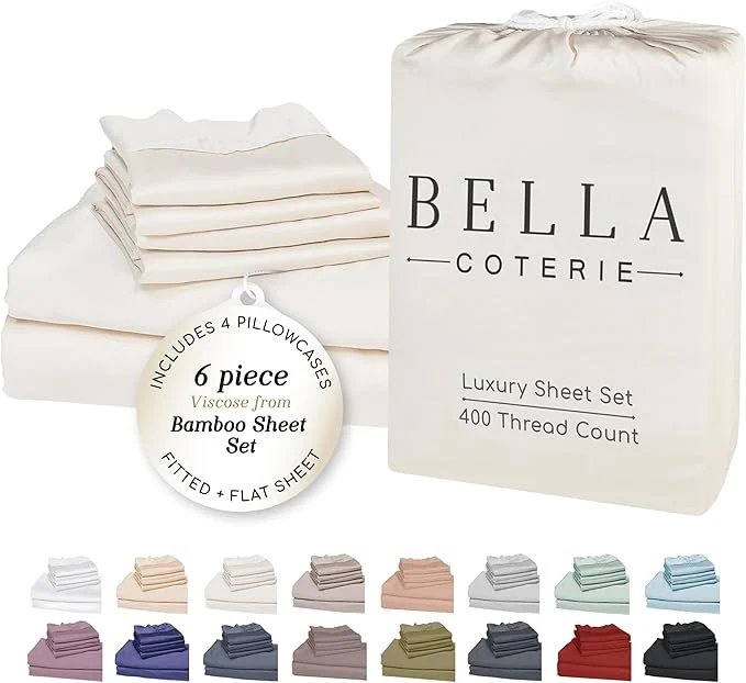 Verified Bella Coterie 6 Piece Luxury Bamboo Viscose Queen Size Sheet Set Organically Grown Cooling for Hot Sleepers 18 quot Deep Pocket Soft amp Hypoallergenic 4 Pillowcases Ivory High-Grade