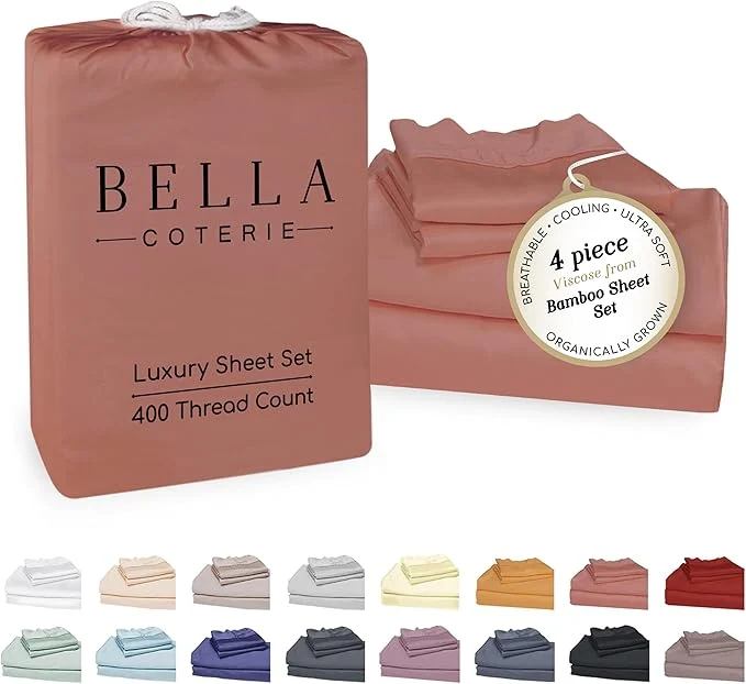 User-Friendly Bella Coterie Luxury Bamboo Viscose Queen Size Sheet Set Organically Grown Ultra Soft Cooling for Hot Sleepers 18 quot Deep Pocket Raisin Traditional