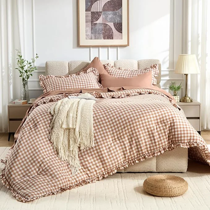 Original BDEUS 7 Pieces Gingham Ruffle Comforter Set King Size Brown Grid Tartan Bedding Set Soft Breathable Fabric Comforter with Flat Sheet Fitted Sheet 2 Pillowcases amp 2 Shams 104 quot X90 quot Lightweight