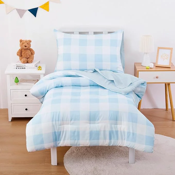 Modern Wake In Cloud – Gingham Toddler Bedding Set for Girls Boys Cute Plaid Buffalo Check 4 Pieces Soft Crib Bed Set Including Comforter Sheets and Pillowcase Light Blue Practical