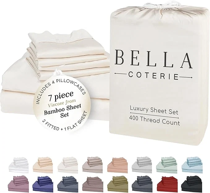 Relaxed Bella Coterie 7 Piece Luxury Bamboo Viscose Split King Size Sheet Set 2 Fitted Sheets for Adjustable Beds Organically Grown Cooling for Hot Sleepers 4 Pillowcases Ivory Natural