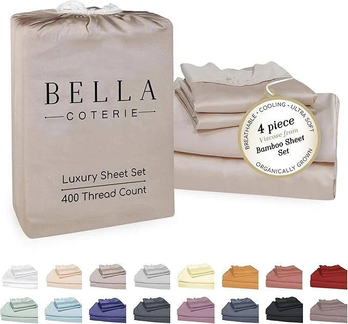 Healthy Bella Coterie Luxury Bamboo Viscose Full Size Sheet Set Organically Grown Ultra Soft Cooling for Hot Sleepers 18 quot Deep Pocket Dune Convenient