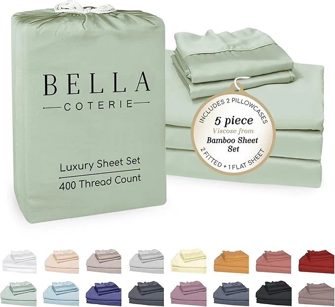 Green Bella Coterie Luxury Bamboo Viscose Split King Size Sheet Set 2 Fitted Sheets for Sleep Number amp Adjustable Beds Organically Grown Cooling amp Ultra Soft 18 Deep Pocket Sea Glass Responsible
