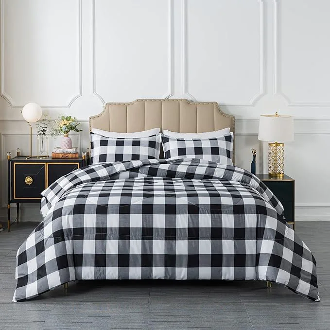 Original Caressma Plaid Comforter Set Twin – Black White Buffalo Checkered Comforter Bedding Set for All Seasons Classic Gingham Pattern Soft Microfiber Comforter with Pillowsham Original Design