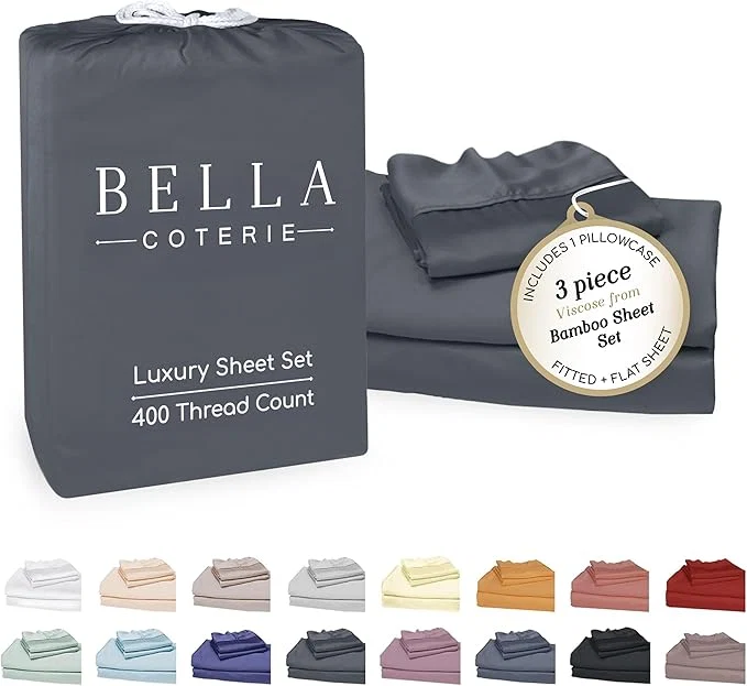 Eco-Friendly Bella Coterie Luxury Bamboo Viscose Twin Size Sheet Set Organically Grown Ultra Soft Cooling for Hot Sleepers 18 quot Deep Pocket Charcoal Grey Reusable