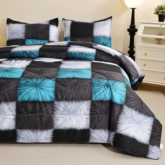 Lightweight Caressma Black and White Checkered Comforter Bedding Set Queen 90×90 Inch 3 Pieces Queen Size Blue White Plaid Comforter Set Fluffy Black Grid Home Decor for All Seasons Solid