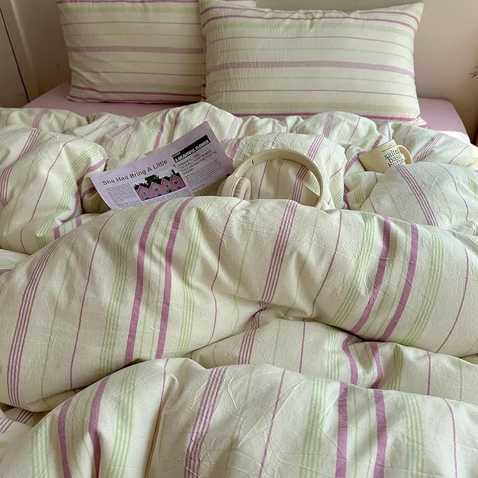 Practical EAVD Vintage Striped Comforter Set Full Soft Cotton Retro Purple amp Green Vertical Striped Bedding Set with 2 Pillowcases Boho Geometric Pattern Comforter Set for All-Season Breathable Lightweight Minimalist