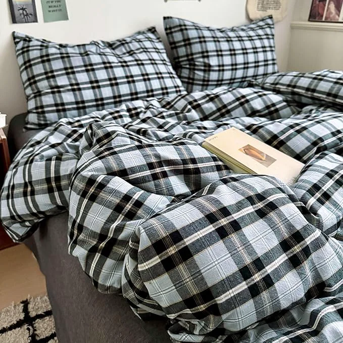 Unique EAVD Vintage Gingham Comforter Set Full Soft Washed Cotton Chic Light Blue Grey Buffalo Plaid Comforter Set with 2 Pillowcases Farmhouse Geometric Pattern Bedding Set for All-Season Proven