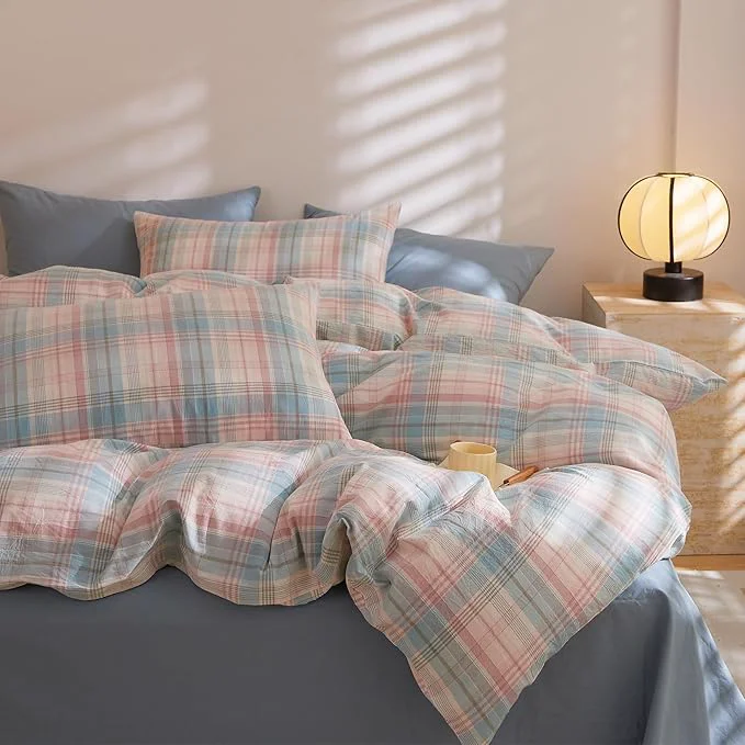 Eco-Friendly EAVD Vintage Style Blue and Pink Gingham Comforter Set Queen Blue Pink Grid Plaid Comforter Set with 2 Pillowcases Reversible Farmhouse Gingham Bedding Set for All-Season Certified