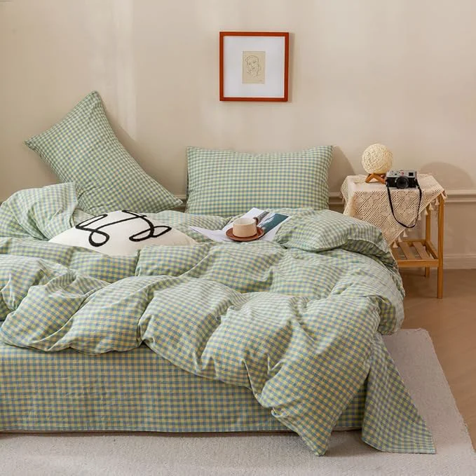 Elite EAVD Blue Yellow Gingham Comforter Set King Soft Mini Grid Plaid Checkered Pattern Bedding Set with 2 Pillowcases Modern Farmhouse Gingham Plaid Comforter Set for All-Season First-Class