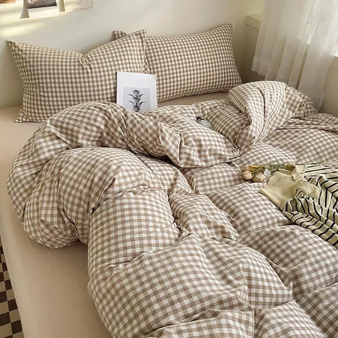 Stylish Nayoroom Brown Gingham Comforter Set Twin Size Tan Plaid Checkered Comforter 2 Pieces Soft Lightweight Grid Farmhouse Dorm Bedding Set for All Seasons High-Performance