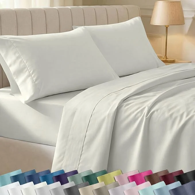Reusable California Design Den Twin XL Sheet Sets – 400 Thread Count Sateen Cotton Sheets Set Deep Pockets and Durable Bedding for Dorm Rooms amp Adults – Ivory Pale Tone Relaxed