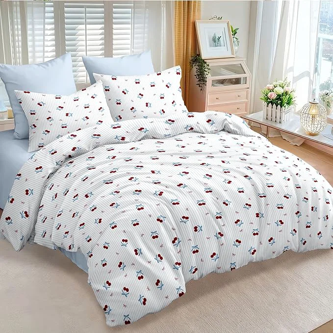 Eco-Friendly Nayoroom Blue Striped Bow Comforter Set Queen Size Red Cherry Comforter 3 Pieces Soft Lightweight Girls Cute Aesthetic Dorm Bedding Set for All Seasons Specialty