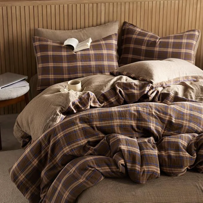Reliable EAVD Vintage Gingham Comforter Set Queen Brown Blue Red Grid Checked Bedding Set Soft Muslin Cotton Retro Brown Plaid Comforter Set with 2 Pillowcases Farmhouse Plaid Bedding Set for All-Season Clean