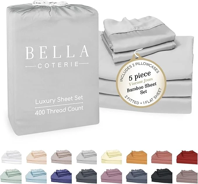 Pure Bella Coterie Luxury Bamboo Viscose Split King Size Sheet Set 2 Fitted Sheets for Sleep Number amp Adjustable Beds Organically Grown Cooling amp Ultra Soft 18 Deep Pocket Grey Mist Official