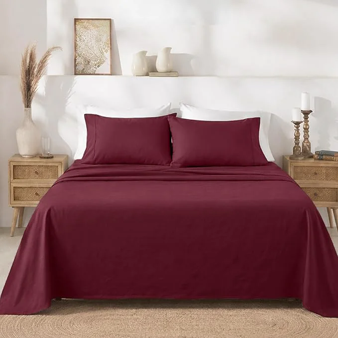 Unique California Design Den Twin Sheets Set – Soft 400 Thread Count Sateen Natural Cotton Sheets with Deep Pockets and Durable Bedding Set – Burgundy Red Advanced