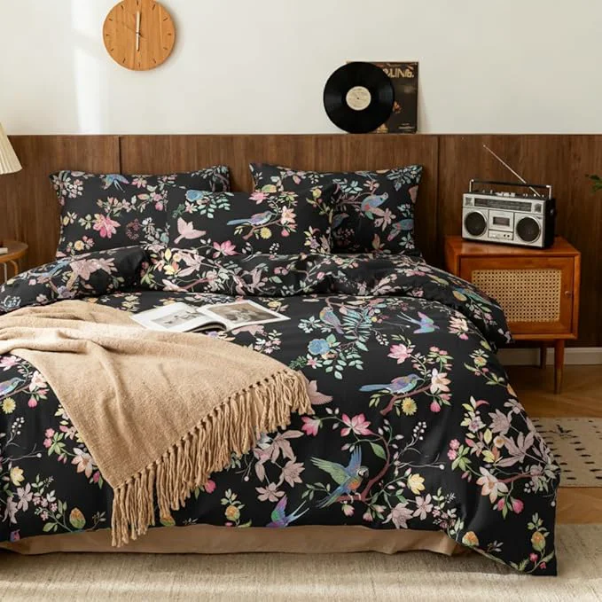 Comfortable Nayoroom Black Floral Comforter Set Queen Size Blue Pink Bird Flower Botanical Pattern Spring Bedding Set 3 Pieces Soft Lightweight Aesthetic Garden Comforter for All Seasons Expertly Made